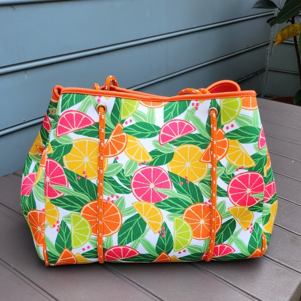 Colorful Citrus Print Tote Bag which Is great for the beach or travel.